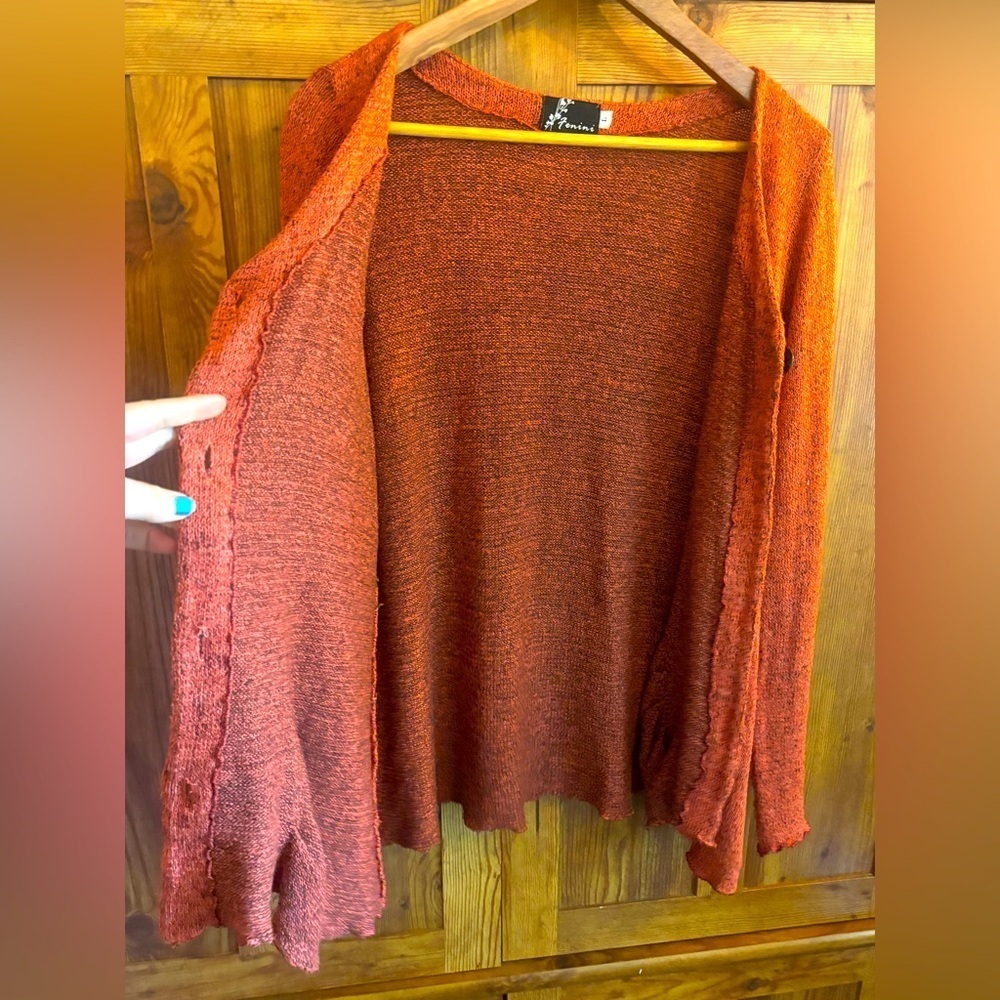 FENINI Designer Burnt Orange Textured Knit Cardigan • Artful Layering•Fits M–XL - Picture 7 of 17